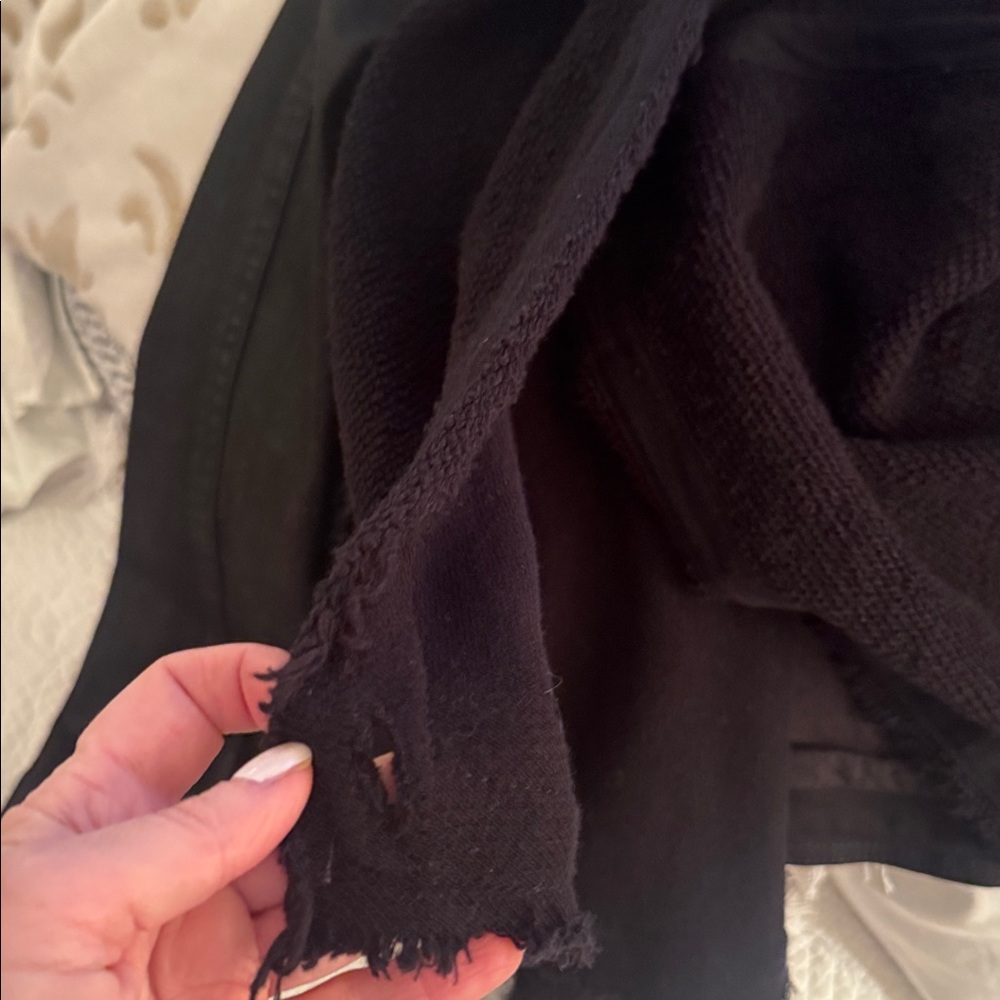 Free People Women's Black Jean Jacket with crochet material in center. - Picture 10 of 11